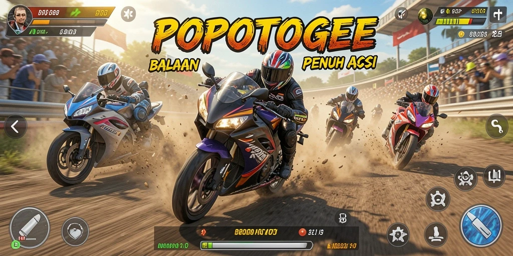 Tampilan gameplay menegangkan dalam balapan motor POPOTOGEL.